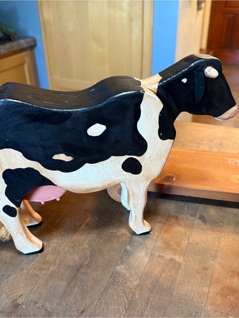 Vintage Large Folk Art Handcrafted Black & White Decorative Cow Pull Toy